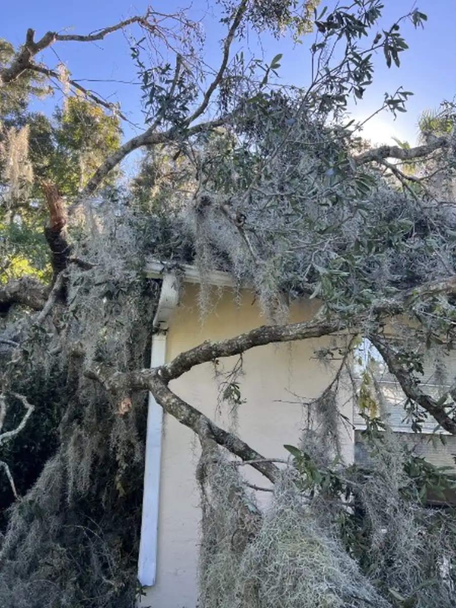Crew clearing a tree that fell on a house in DeBary, FL