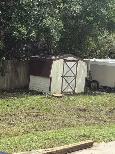 The storage shed and fence undamaged after the DeLand oak removal was finished