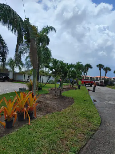 Crew working the bed line beside the driveway at the New Smyrna Beach home