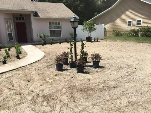 Graded sand and potted shrubs staged along the new front walk in DeLand