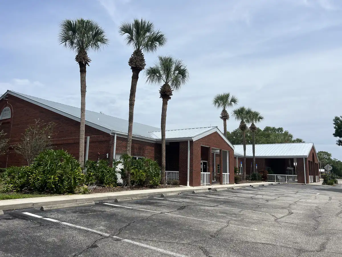 Trimmed sabal palms along the side of the Osceola County clinic with the parking lot clear of debris