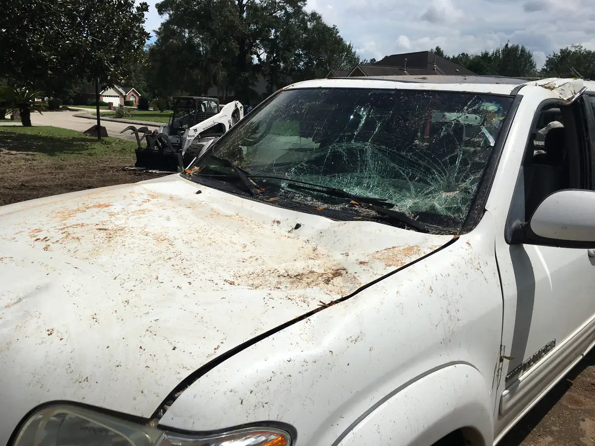 White pickup with a shattered windshield and a dented hood after a tree came down on it at a DeLand home