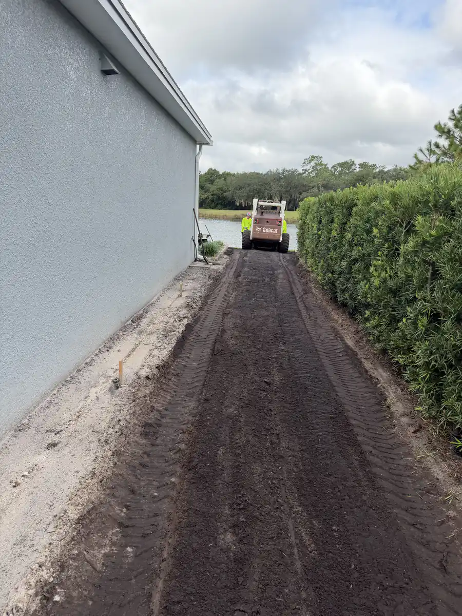 During: a compact track loader in the narrow side yard between the house and a hedge after the dead turf was scraped off